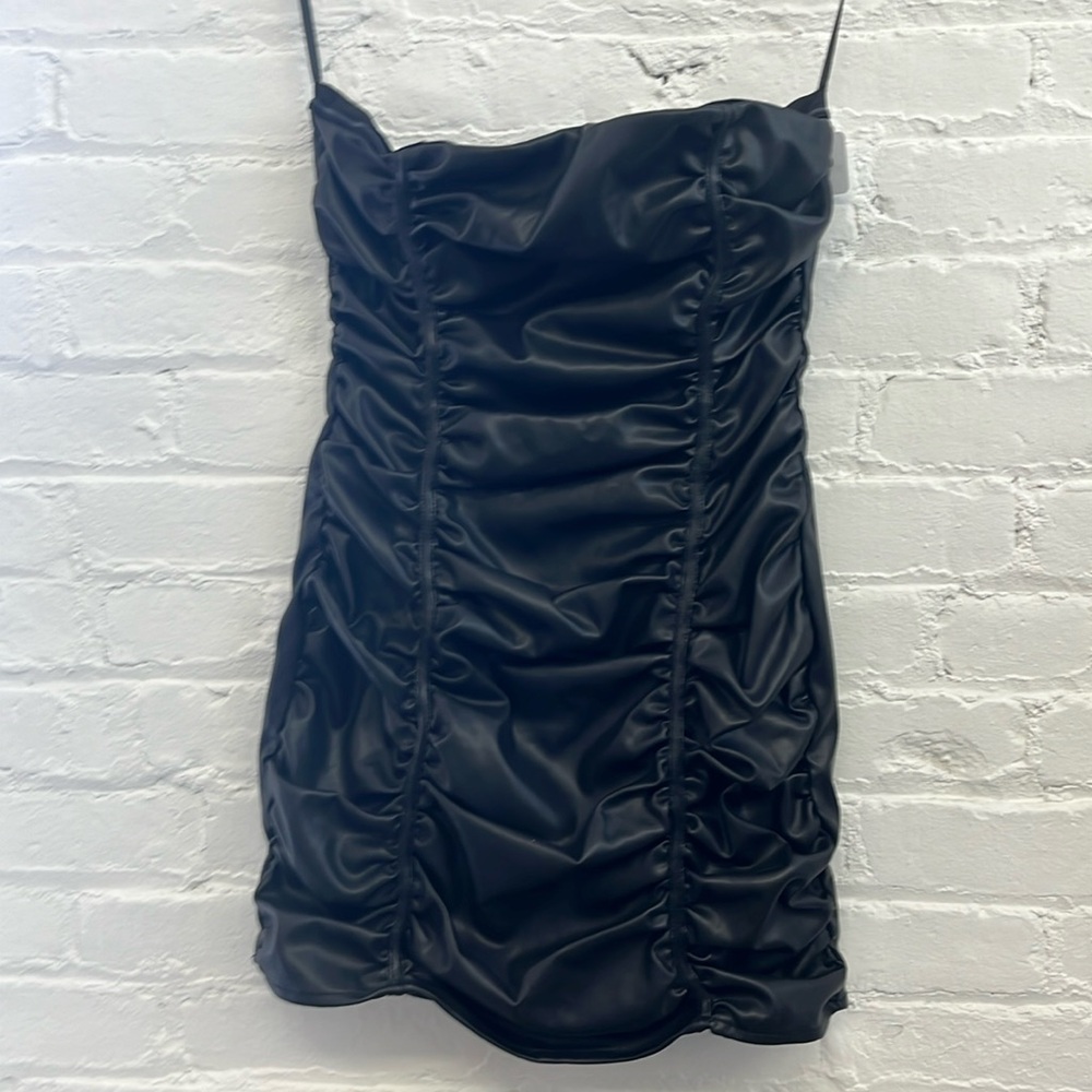 Revolve Black faux leather ruched mini dress